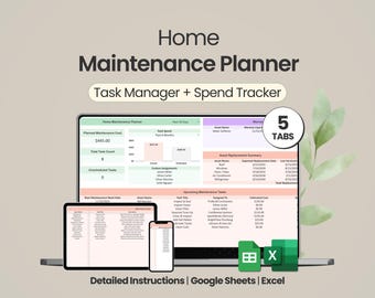 Planerare för hemunderhåll Google Sheets Aktivitetshanterare Excel Mall för fastighetshantering Kalkylblad för hemreparationer Underhållslogg