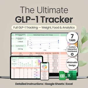 May include: A digital GLP-1 tracker displayed on a laptop, tablet, and smartphone. The interface shows data tracking weight, food, and analytics. Features include a custom interactive dashboard, minimalist design, and detailed instructions. The image also shows the text "The Ultimate GLP-1 Tracker".
