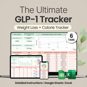 GLP1 Tracker Google Sheets Weight Loss Tracker Excel Spreadsheet | Track injections, Dosage, Side Effects, Calories, Macros & More