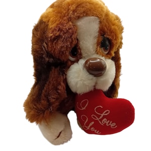 Vintage Russ Berrie Baxter Puppy Dog Plush I Love You Heart Valentine Stuffed Animal Plushie Valentines Day Doggie Kids Gift Hearts 8&quot;