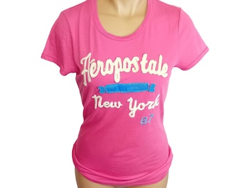 Camiseta gráfica rosa Y2K Aeropostale con logotipo bordado, ropa de calle escolar preppy L