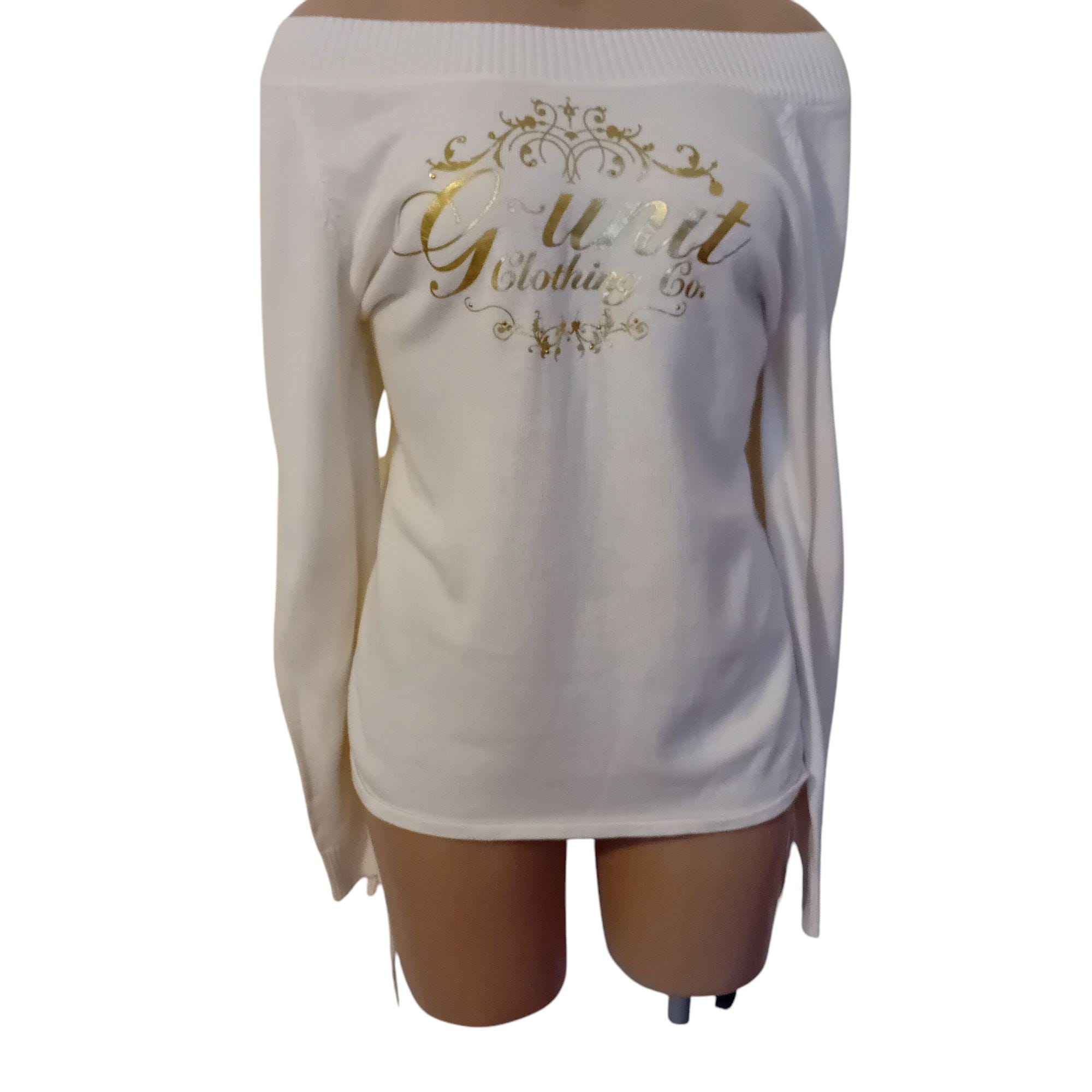 Y2K Women's Teens G-Unit Off Shoulder Mcbling Bling Rhinestone Ties Sweater Glam Streetwear Skater Winter Cozy Warm White Gold Size XL
