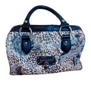 Bolso de mano Guess vintage Y2K 2000s con estampado floral de guepardo y leopardo para mujer, doble asa, tarjetero de piel sintética, bolsillos interiores de 8"