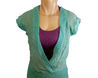 Vintage 90s Old Navy Aqua Sparkle Deep V Neck Short Sleeve Sweater Knit S READ