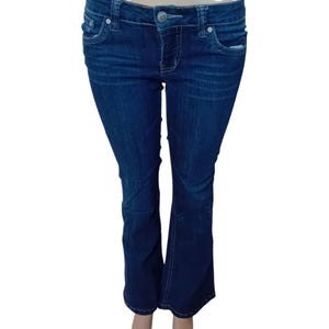 Y2K 2000s Vintage Womens Bongo Low Rise Flared Leg Jeans Dark Wash Denim Embroidered Casual Everyday Streetwear Juniors Teen School Trendy 9