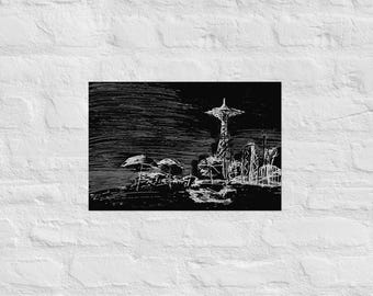Impression de croquis de Coney Island, croquis de la ville de New York, cadeau NYC, impression de Brooklyn, Coney Island noir et blanc, impression d'art, impression de Brooklyn