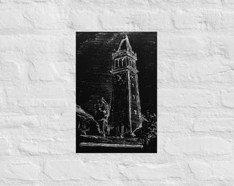 Impresión de bocetos del campanario de la UC Berkeley: arte en blanco y negro del campus