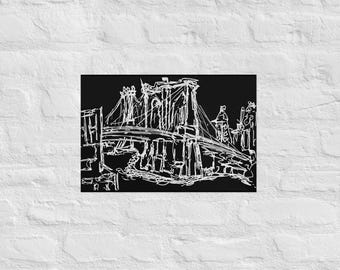 Skisstryck av New Yorks broar, skiss av New York City, present till NYC, tryck från Brooklyn till Manhattan, svartvita broar, konsttryck, NYC-tryck