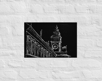 Impresión de boceto del Ferry Building, boceto de San Francisco, impresión del Ferry Building, Ferry Building en blanco y negro, impresión artística, impresión de San Francisco