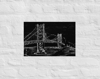 Impresión de boceto del puente Golden Gate, boceto de San Francisco, impresión del Golden Gate, puente Golden Gate, impresión artística, impresión de San Francisco