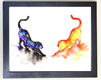 Moon and Sun Panthers Art Print, Watercolor 8x10