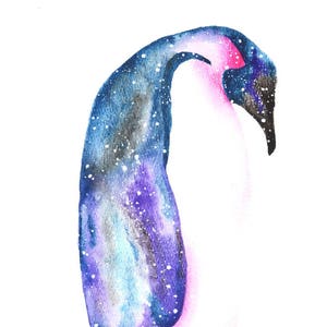 Cosmic Emperor Penguin Art Print, Watercolor 8x10 image 2