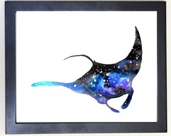 Cosmic Manta Ray Art Print, Watercolor 8x10