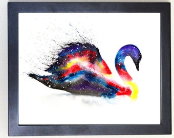 Cosmic Swan Art Print, Watercolor 8x10