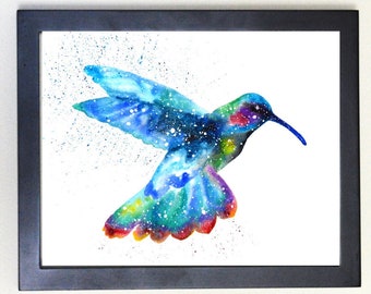 Cosmic Hummingbird Art Print, Watercolor 8x10