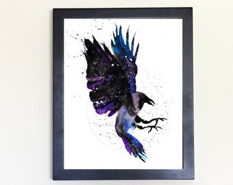 Stampa artistica "Corvo cosmico", acquerello 8x10