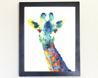 Cosmic Giraffe Art Print, Watercolor 8x10