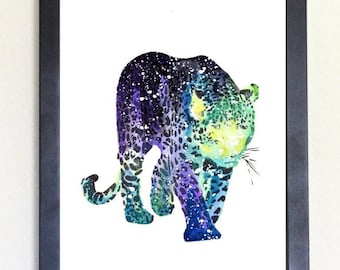 Stampa artistica di leopardo cosmico, acquerello 8x10