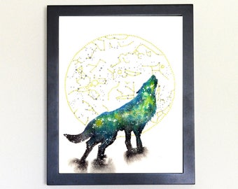 Cosmic Wolf Art Print Watercolor 8x10