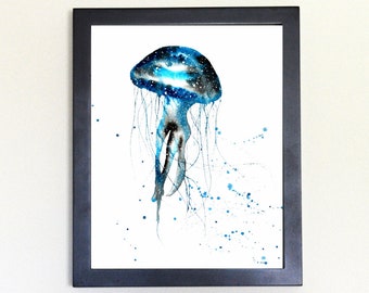 Cosmic Jellyfish Art Print, Watercolor 8x10