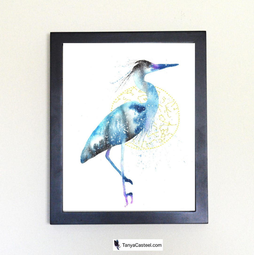 Cosmic Blue Heron Art Print, Watercolor 8x10 Etsy