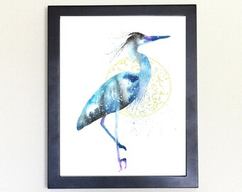 Cosmic Blue Heron Art Print, Watercolor 8x10