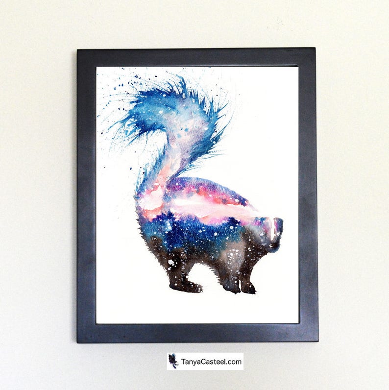 Cosmic Skunk Art Print Watercolor 8x10 image 1