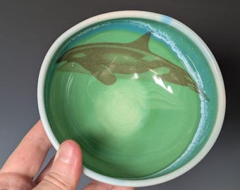 Second. Handmade Small orca killer whale bowl. Scientific drawing 1800s. Ceramic Pottery. Free shipping USA