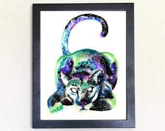 Cosmic Puma Cougar Mountain Lion Art Print, Watercolor 8x10