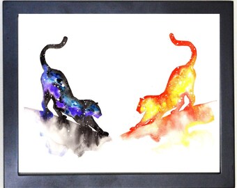 Cosmic Moon & Sun Cats Art Print, Watercolor 8x10