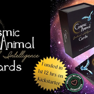 May include: A black box set of "Cosmic Animal Emotional Intelligence Cards" with a guidebook and a deck of cards. The cards and boxes feature a celestial design with birds and gold accents. The Kickstarter project was funded in the first 12 hours.