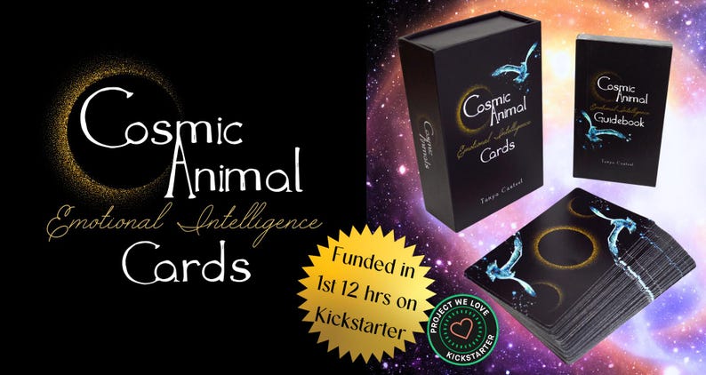 May include: A black box set of "Cosmic Animal Emotional Intelligence Cards" with a guidebook and a deck of cards. The cards and boxes feature a celestial design with birds and gold accents. The Kickstarter project was funded in the first 12 hours.