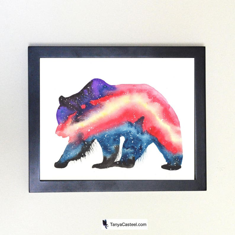 Cosmic Grizzly Bear Art Print Watercolor 8x10 image 1