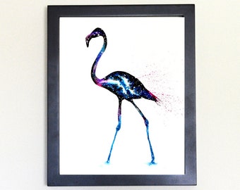 Cosmic Flamingo Art Print, Watercolor 8x10