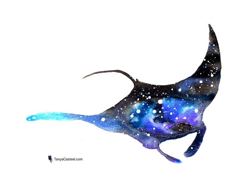 Cosmic Manta Ray Art Print, Watercolor 8x10 image 2