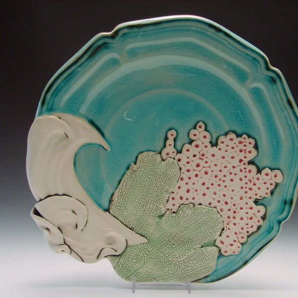 Large Wave and Coral Platter, Handmade Pottery