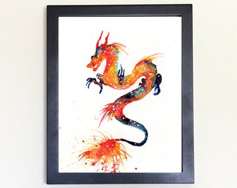 Cosmic Fire Dragon Art Print, Watercolor 8x10