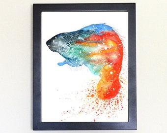 Cosmic Beaver Art Print, Watercolor 8x10