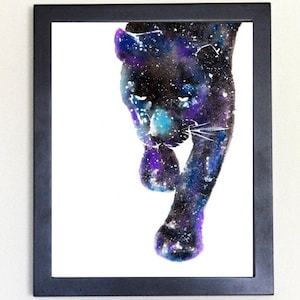 May include: Watercolor painting of a black panther walking with a galaxy pattern. The panther is walking towards the viewer with its head held high. The background is white.
