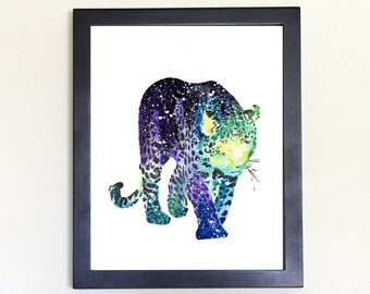 Cosmic Snow Leopard Art Print, Watercolor 8x10