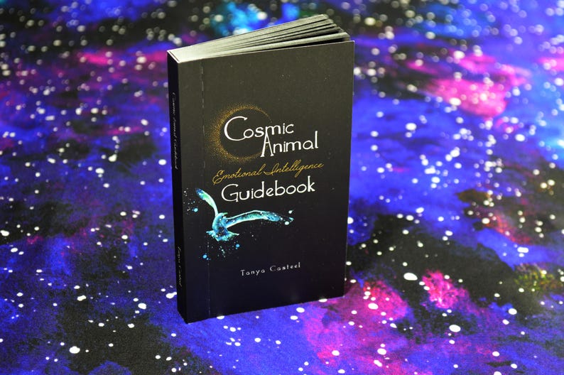 May include: A black guidebook titled "Cosmic Animal Emotional Intelligence Guidebook" with a teal bird illustration. The book is set against a backdrop of a starry, galaxy-themed surface.