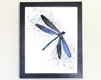 Cosmic Dragonfly Art Print, Watercolor 8x10