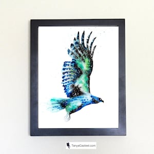 Cosmic Hawk Art Print, Watercolor 8x10 image 1