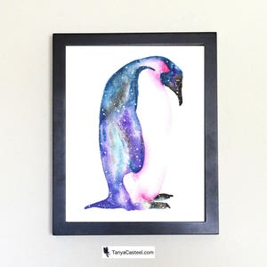 Cosmic Emperor Penguin Art Print, Watercolor 8x10 image 1