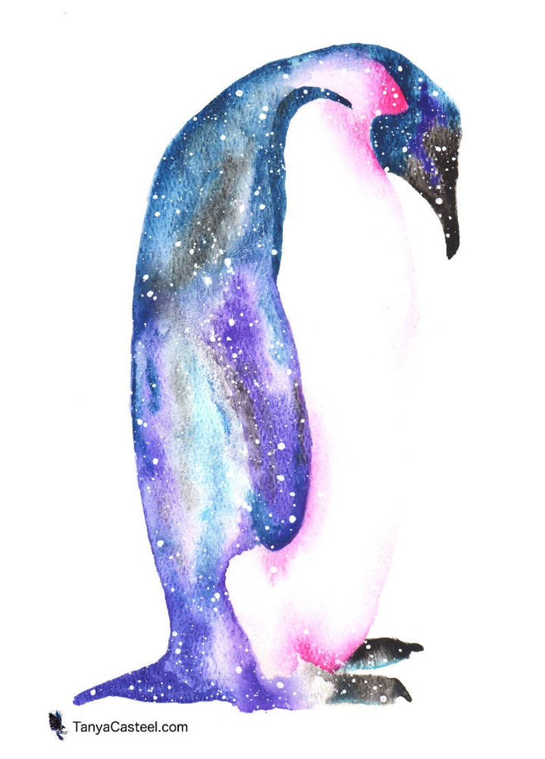 Cosmic Emperor Penguin Art Print, Watercolor 8x10 image 2