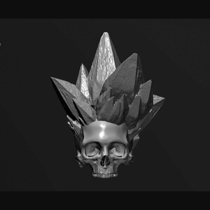 May include: A 3D printed skull with a crystal-like hair style. The skull is grey and the hair is a dark grey.