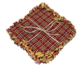Set of 4 large mug rugs, Red and Mustard Homespun quilted rag coasters