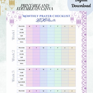 Monthly Prayer Checklist Printable Islamic Prayer Tracker Digital | Ramadan Prayer Schedule ...