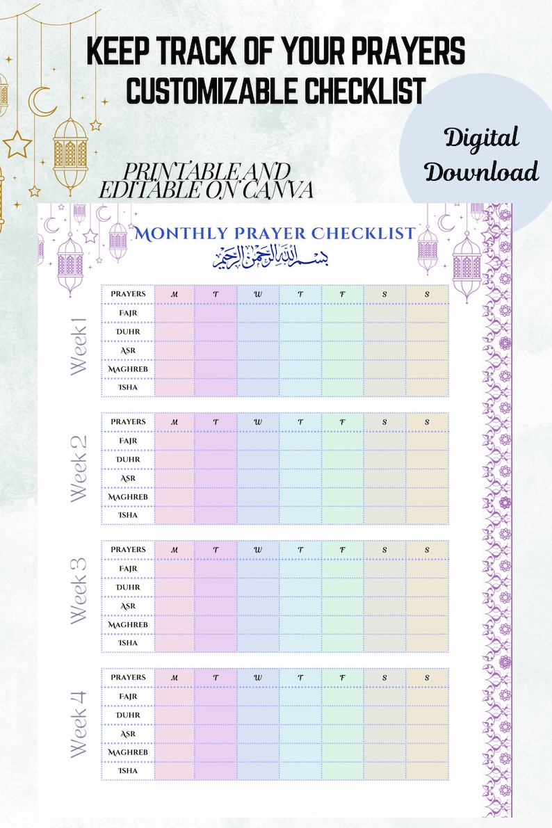 Monthly Prayer Checklist Printable Islamic Prayer Tracker Digital | Ramadan Prayer Schedule ...