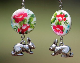 Floral Rabbit Earrings, Silver Bunny Earrings with Rosy Red Flowers, Floral Print Shell Dangle Earrings